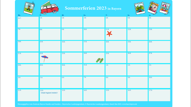 Ferienkalender 2023 für Bayern mit den Kalendertagen 31.7. bis 17.9.